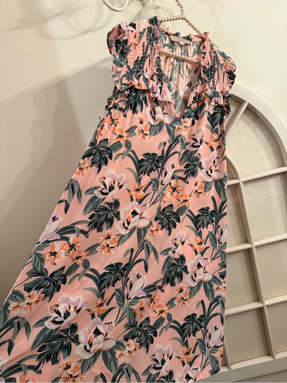 LOFT Pink Tropical Floral Smocked Midi Dress Size Large NWT/EUC Cottagecore
